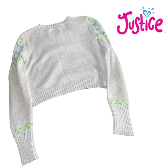 Justice fair isle cropped sweater size 14 gray green blue silver sequins - Picture 2 of 3